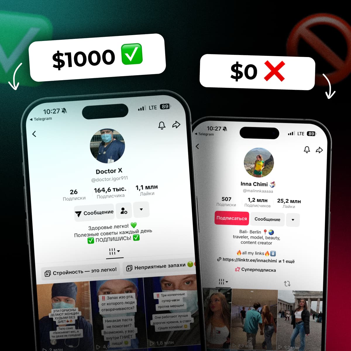 Сравнение двух TikTok-профилей. Слева — врач с $1000, справа — девушка-путешественница с $0.