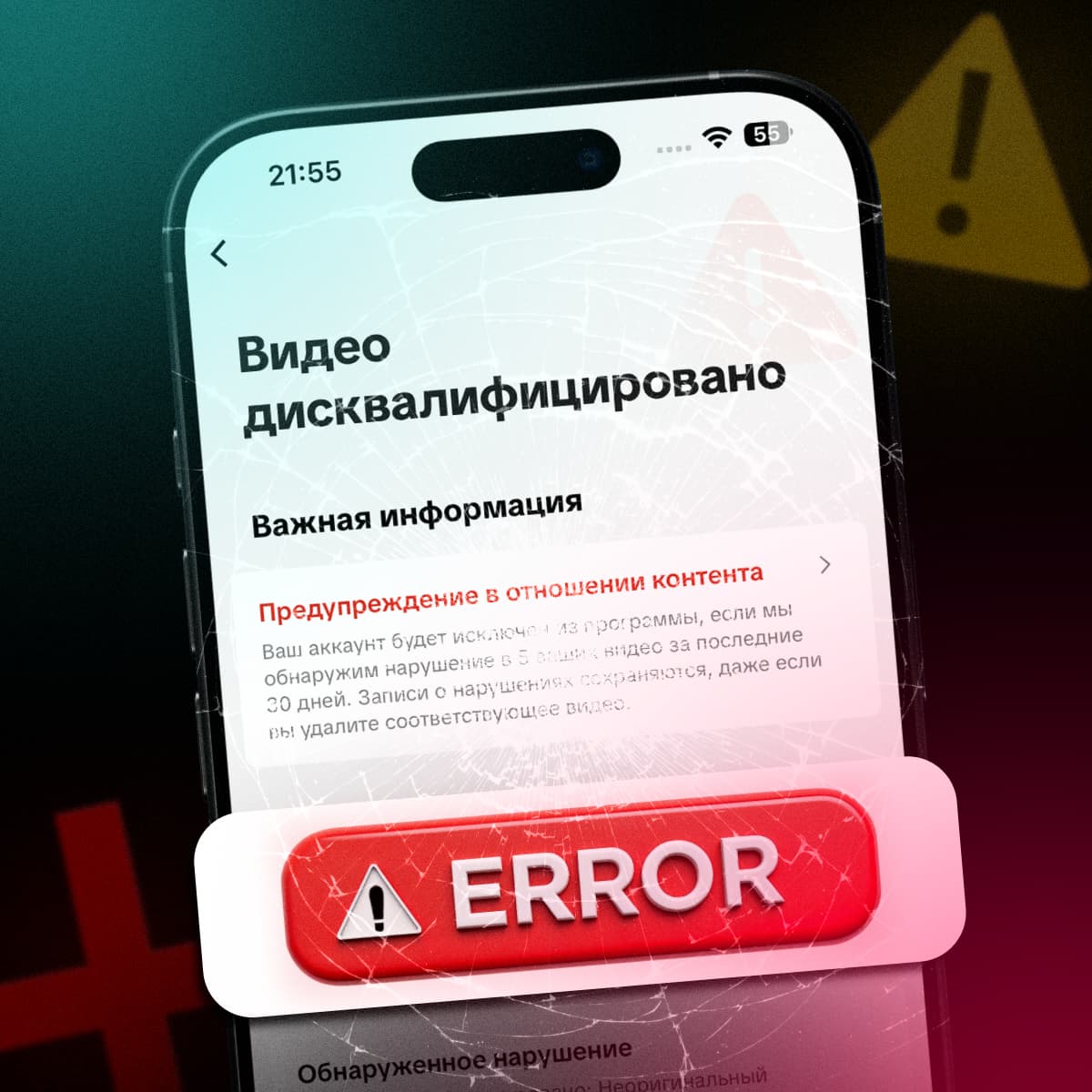 Экран телефона с сообщением "Видео дисквалифицировано" и ошибкой "ERROR", на фоне треснувшего стекла.